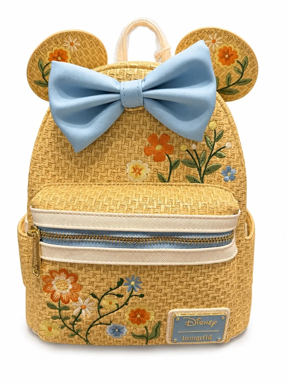 Disney Loungefly Minnie Mouse Floral Straw Embroidered Mini Backpack Blue Bow